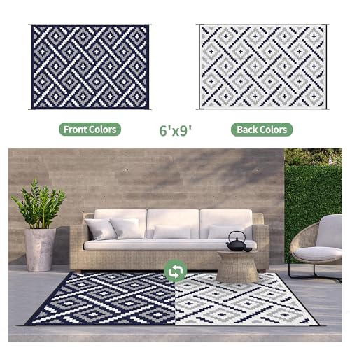Image of GENIMO Outdoor Rug, Waterproof Plastic Rugs for Patio, 6'x9' Navy Blue