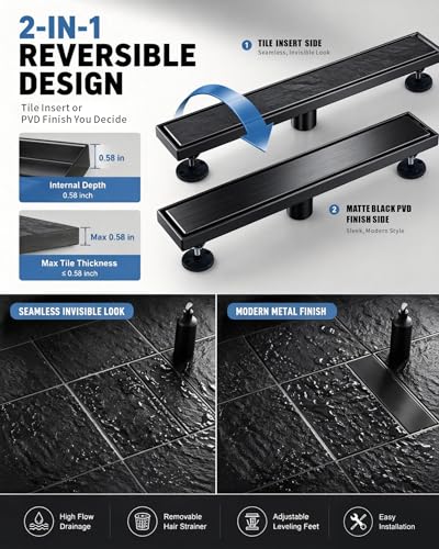 Image of 28 Inch Matte Black Linear Shower Drain | CUPC Certified 2-in-1 Tile Insert for Curbless Showers. 304 Steel, 15.8GPM Flow. Includes Hair Catcher & Adjustable Feet.