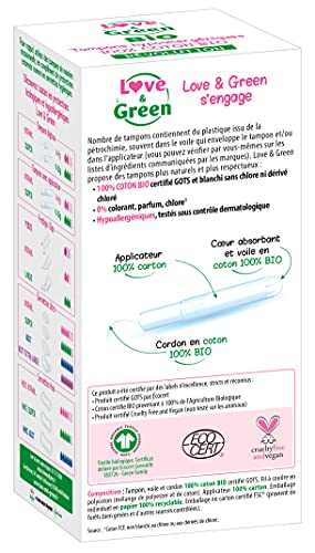 Love & Green Ecologische tampons van 100% biologisch katoen, normaal met applicator x 16 tampons, GOTS-gecertificeerd… - Image 3