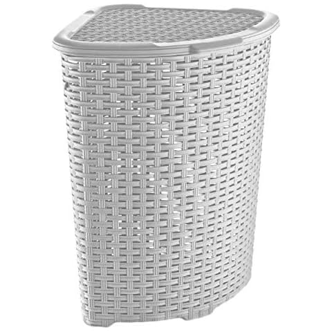 Muddy Hands Plastic Corner Laundry Basket with Lid Large Rattan Washing Clothes Storage Hamper Bin (White) Cover