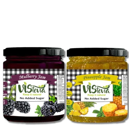 Image of Vistevia Sugar Free Mulberry and Pineapple Jam, Diabetic and Keto Friendly - Sweetened Naturally with Stevia, More Than 60% Fruit Content - Tastes Delicious - Pack of 2 (220 * 2 GM)