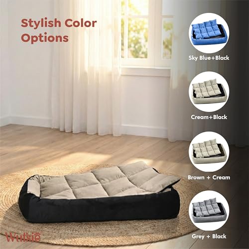 Image of Reversible Rectangle Dog Bed | Medium 60 X 75 Cm Pet Bed for Dogs and Cats | Premium Velvet, Washable Fabric | Soft Sofa-Style Bed for Dog with Thick 15 Cm Insert | Black & Cream