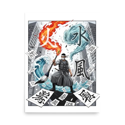 Póster de caligrafía japonesa de alta calidad, cuadro de dragones de agua y fuego Ink Rebel