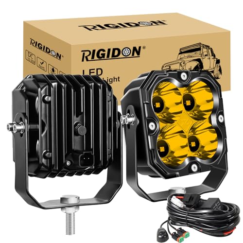 RIGIDON 2 x Faro de trabajo y 12V DT kit de cableado, 4.3 Pulgadas 30W 2500 LM, Spot lámpara, largo alcance faros antiniebla para off road todoterreno camión coche 4x4 moto tractor, foco led Aellow