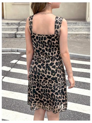 SOLY HUX Girl's Leopard Dress Square Neck Sleeveless Mesh Party Fit and Flared Mini Dresses2