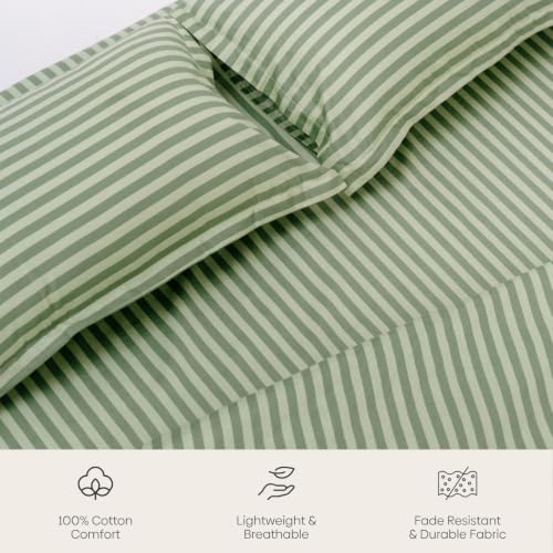 Image of Haus & Kinder King Size Bedsheet 108 x 108 | 186 TC Pure Cotton Bedsheets for Double Bed King Size with 2 Pillow Covers | King Size Bed Sheet Cotton | Tokiwairo Stripe Evergreen