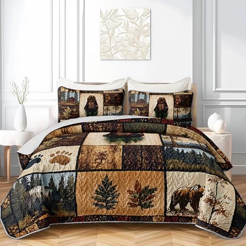AILONEN Rustic Bear Quilt Set Queen Size Wildlife Themed Hunting Quilted Bedspread Soft with 2 Pillowcases 3-Piece Brown Animal Woodland Quilt Bedding Set