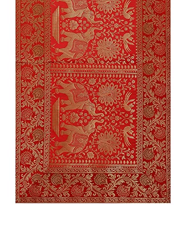 Image of E-Ezra Silk Banarsi Brocade Traditional Table Runner for Dining Table 4 & 6 Seater Table Cloth Rectangle Coffee Table Cloth / 152 cm (Red)