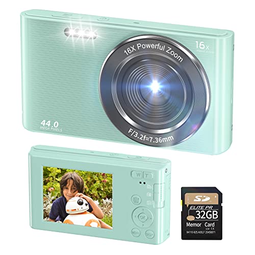 Digital Camera for Kids Boys and Girls, 2.7K 44MP Mini Camera Children\'s Camera Vlogging Camera for Students, Teens, Adult with 2 Rechargeable Batteries,16X Digital Zoom, 2.4\" Screen(Green)