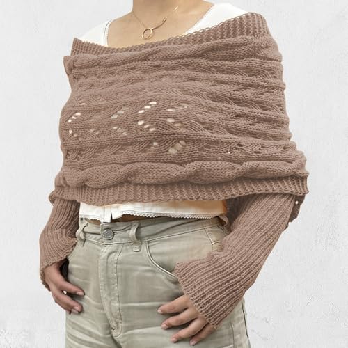 ACOSAP Scarf with Sleeves for Women, Knitted Cable Wrap, Multifunctional Knitted Crochet Shrugs, Double Sleeve Scarf Wrap3