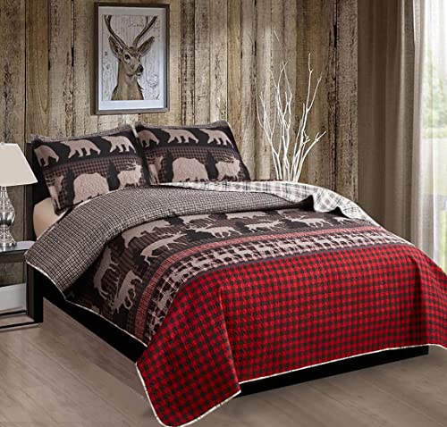 King Size Quilt Set Bedding Rustic Lodge Bedspread Set Queen Red Black Buffalo Plaid Quilt Reversible Bedspread Coverlet Lightweight Quilt Bedding Moose Bear Bedspread Country Cabin Coverlet #TOP2