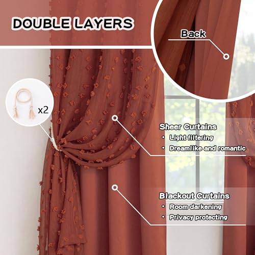 Image of MYSKY HOME Double Layer Boho Curtains for Bedroom 63 Inches Length Long Terracotta Pom Pom Sheer Window Drapes 2 Panels Girls Curtain Room Darkening Grommet Blackout Curtains, W52 X L63