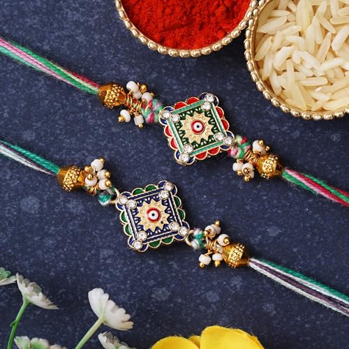 Image of eCraftIndia Set of 2 Beads Pearls Evil Eye Designer Rakhis for Brothers with Best Bro Ever Fridge Magnet and Roli Chawal Pack