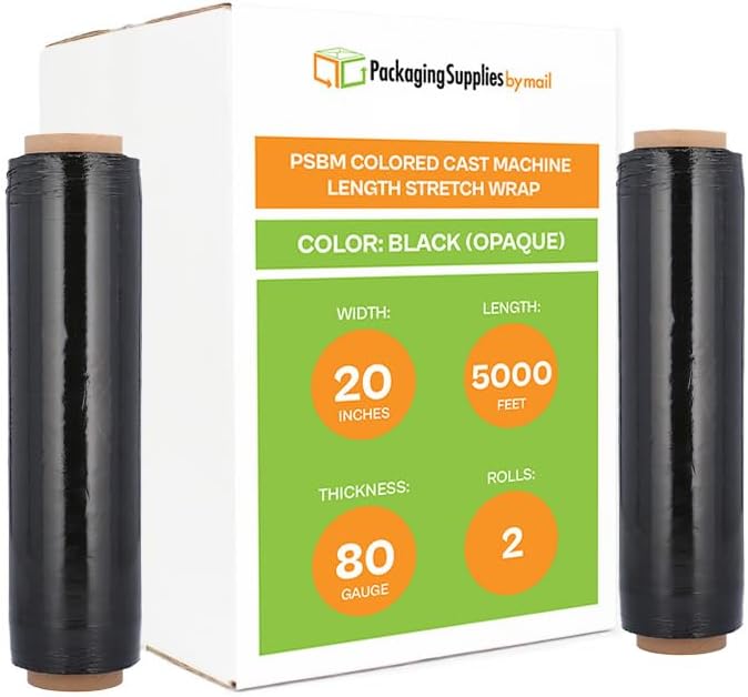 PSBM 2 Rolls Dark Black 20 Inch x 5000 Feet 80 Gauge Machine Stretch Film/Wrap, Heavy Duty Industrial Strength Shrink/Plastic Wrap for Moving, Packing, Shipping, Pallet Wrapping & Storage