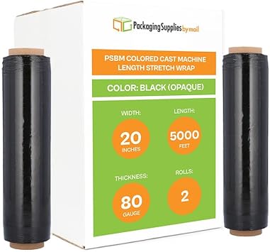 PSBM 2 Rolls Dark Black 20 Inch x 5000 Feet 80 Gauge Machine Stretch Film/Wrap, Heavy Duty Industrial Strength Shrink/Plastic Wrap for Moving, Packing, Shipping, Pallet Wrapping & Storage