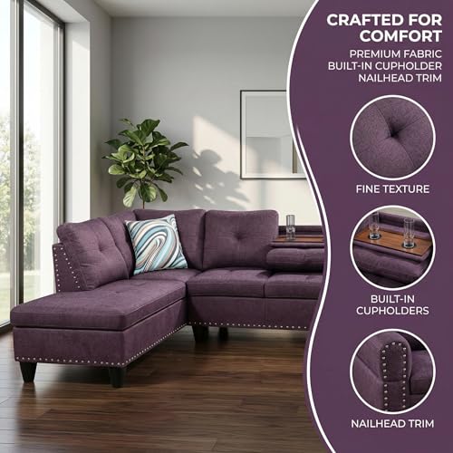Image of L-Shaped Sectional Sofa, Modern 4-Seat Couch with Built-in Cup Holders, Upholstered Fabric Sectional Couch with Left Facing Chaise for Living Room, Apartment, Office, Purple
