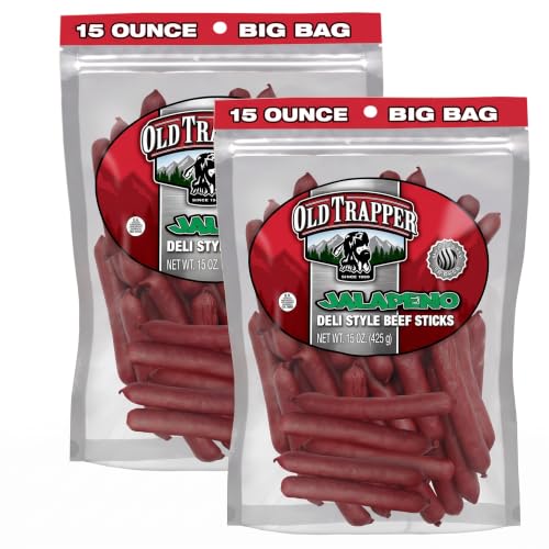 Old Trapper Deli-Style Beef Sticks, Jalapeño Flavor, 15-Ounce Package, Spicy Beef Sticks, 6gms of Protein and Zero Grams of Sugar per Serving (Pack of 2)