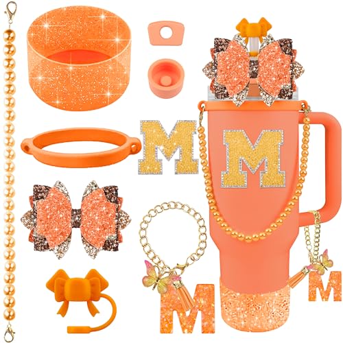 Hpebl 9PCS Orange for Stanley Cup Accessories Set Bling Initials Bow Charms for Stanley Decorations 30/40 Oz Tumbler Accessories Including Bow Straw Topper, Handle Strap, Spill Stopper（Letter M） - image 1