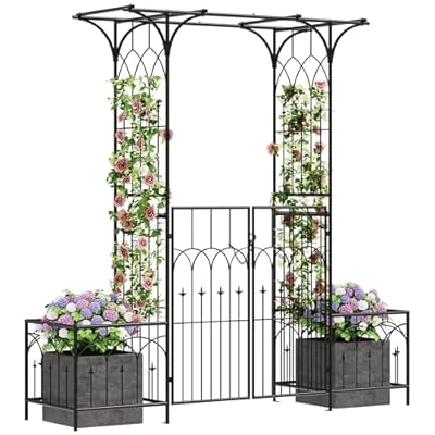 DWVO 81" H Garden Arch and Arbor with Gate, Black Arch with Planter Boxes for Climbing Plants Outdoor, Wedding Ceremony Archway Decoration for Lawn, Patio, Backyard
