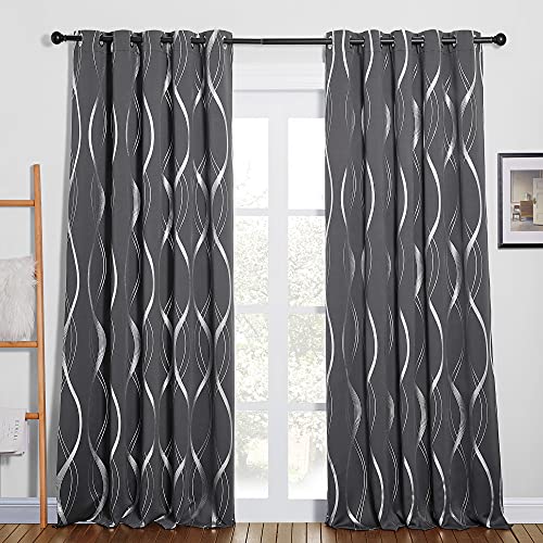 PONY DANCE Blackout Curtains, Grey, W90 x L90 Inch, Silver Wave Line Foil Printed, Thermal Insulated, Eyelet, for Baby Nursery, Bedroom, Living Room, 2 Panels