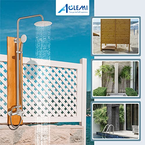 Aolemi Outdoor Shower Fixture Sus304 Shower Faucet Combo Set Stainless Steel 8 Rainfall Shower Head High Pressure Hand Spray Wall Mount 2 Dual Function Brush Nickel Single Handle #TOP7