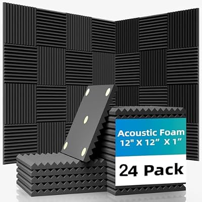 24 Pack Sound Proof Foam Panels |1"×12"×12" Quick-Recovery Soundproof Wall Panels | High Density Sound Dampening Panels for Home Studio| With Adhesive Stickers 120PCS (Black)
