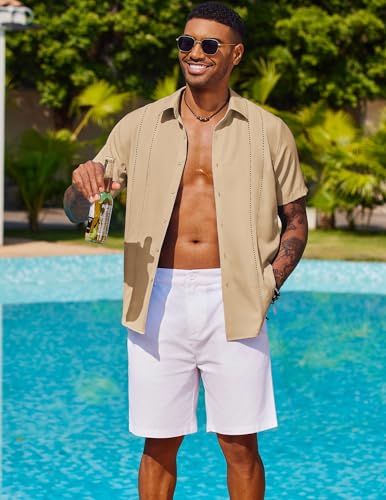 Image of COOFANDY Mens Cuban Guayabera Shirt Short Sleeve Button Down Shirts Summer Beach Vacation Shirts