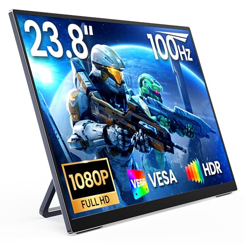 Image of MNN Portable Monitor 23.8 inch 100Hz 1080P IPS, Ultra Slim Metal Body with Built-in Kickstand & Dual Speakers, USB-C HDMI External Display for Laptop PC Phone PS5 Xbox Switch, Home Office Gaming Monitor