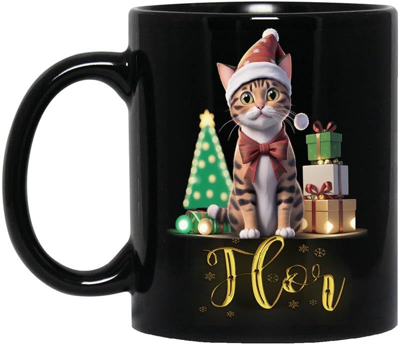 Personalized Name Cat Christmas Mug, Christmas Cat Mug, Holiday Cat Gift, Christmas Mug, Cat Name Owner Mug, Cat Name Lover with Flor 11oz Black disponible en Yaxa Guatemala