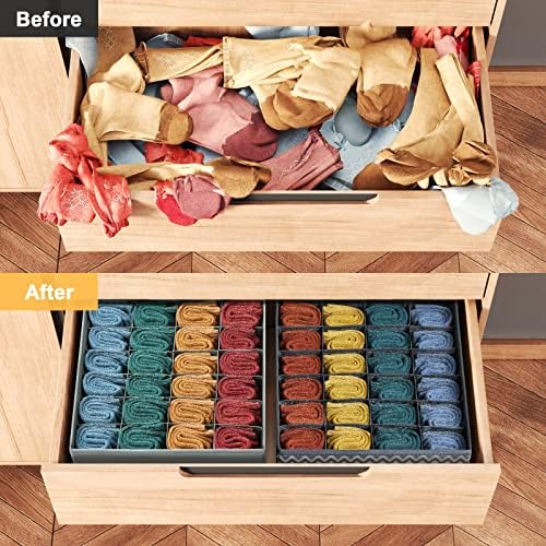 DIMJ 2 Pack Drawer Organisers 24 Cells Sock Organiser Foldable Underwear Drawer Organiser Fabric Drawer Divider Wardrobe Storage Boxes for Socks, Underwear, Belts, Ties
