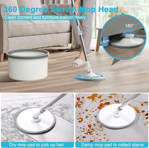 Image of Oumffy Spin Mop for Home Cleaning Floor ^ 360 Rotating Mops for Floor Cleaning Deluxe System ๐๐๐ฅ๐ ๐๐๐ฉ๐๐ซ๐๐ญ๐ข๐จ๐ง Dirty and Clean Water System 2Pcs Reusable Microfiber Pad (Grey)