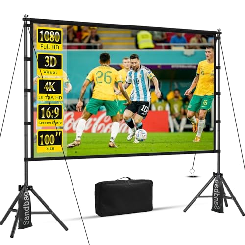 Image of 100inch Projector Screen and Stand,Outdoor and Indoor Projection Screen,16:9 4K HD Rear Front Movie Screen Portable with Carry Bag Wrinkle-Free Design for Home Theater 100inch