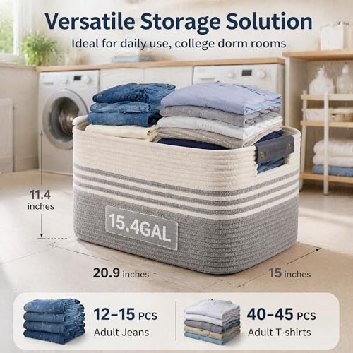 Image of Cotton Rope Laundry Basket Medium, 15.4GAL Collapsible Woven Storage Baskets for Living Room Kids Toys Stuffed Animal,Boho Rectangular Decorative Short Hamper for Dirty Clothes, Blankets White Grey