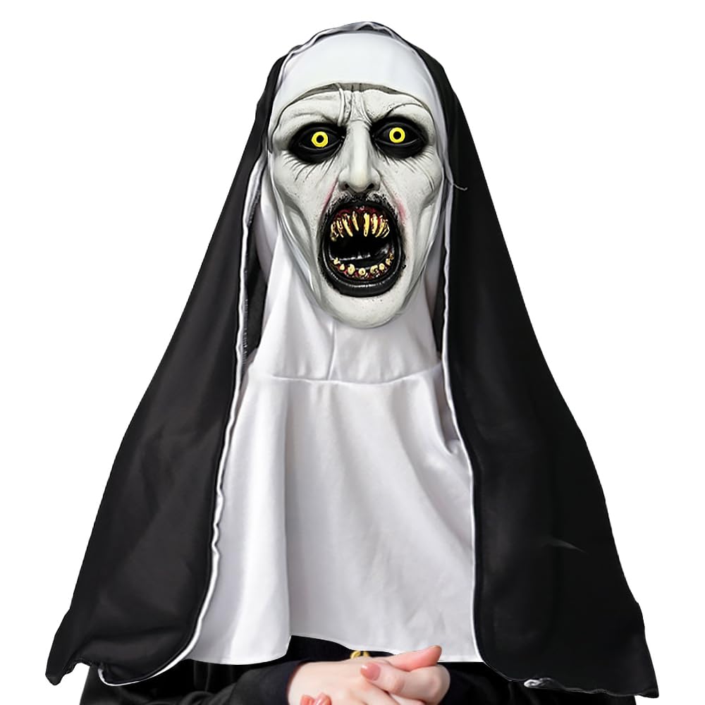 KUWUNG Mascara Monja Terror de Boca Abierta, Máscara de Terror Monja, Monja Scary Latex Masks con Velo, Máscara de Monja para Cosplay Accesorios de Disfraz de Fiesta de Halloween