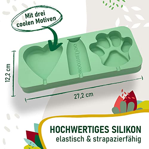 SmoothieDog Eisform aus Silikon + 3xHuhn und 3X Trinkpause(Ente) je 250ml Hundesmoothie- Backform, Hundekuchen backen, Hundeeis selber Machen- BPA-frei, Eisform, Herzform, Pfotenform
