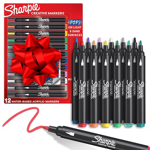 Sharpie Creative Markers, Water-Based Acrylic, Bullet Tip, Assorted Colors, 12 Count – Arts & Crafts, Kids Activity, School Classroom; Works on Paper, Metal, Wood, Ceramic, Glass, Rock, Canvas
