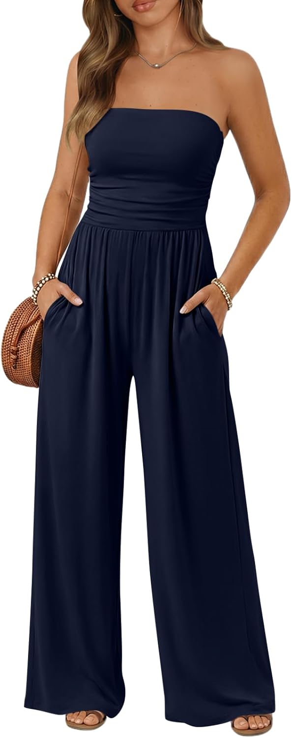 Trendy Queen Womens One Piece Strapless Jumpsuit 2026 Casual Ruched Tube Top Wide Leg Romper Beach Vacation Summer Outfits