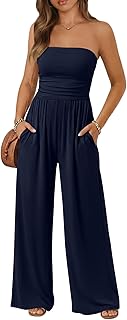 Women's Casual Strapless Ruched Tube Top Jumpsuit 2026 Spring Summer Wide Leg Romper for Vacation Dressy Outfits