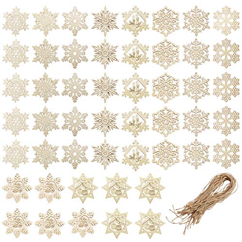 BELLE VOUS Adornos de Madera Copo de Nieve para Árbol de Navidad (50 Piezas) 8 x 8 cm Decoraciones de Navidad - Copos de Nieve para Colgar en el Árbol con Cordel - Colgantes Manualidades Navideñas