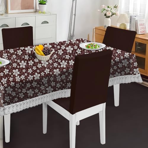 Image of The Furnishing Tree Waterproof PVC Rectangle Shaped 8 Seater Table Cover WxL 60x108 inches Floral Pattern Brown White with White Border lace