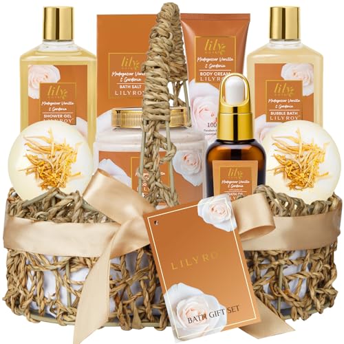 Mother's Day Gift Basket for Mom, Gifts for Women, Spa Gift Basket for Women - Vanilla Bath and Body Gift Basket Set, Pampering Spa Kit | Christmas Birthday, Perfect Holiday Gift for All Occasion