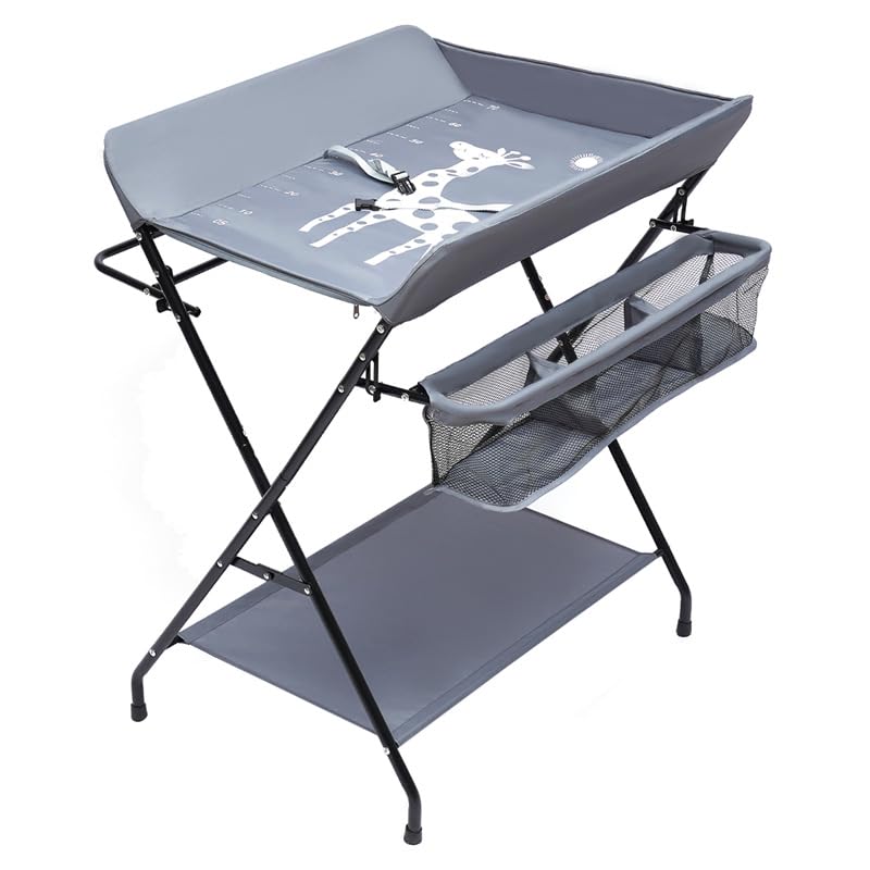 Fasciatoio Pieghevole per Bagnetto Neonati Fasciatoio Portatile Cambio Pannolini con Tasche a Rete e Scomparti Portaoggetti Fasciatoio per Bambini (80 * 57 * 96cm-Grigio)