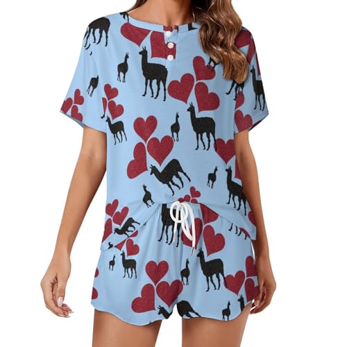 Image of Hearts & Llamas Pajamas Set for Women Casual Pullover Short Sleeves And Shorts Two Piece Loungewear Set XL