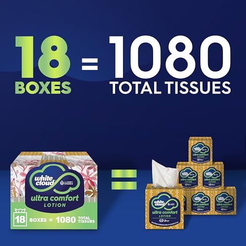 Image of White Cloud Ultra Comfort Lotion 3-Ply Facial Tissue, 18 Box Pack | 60 Tissues per Box, Infused with Aloe & Vitamin E, Hypoallergenic, Dermatologist Tested, FSC Certified, Made in USA
