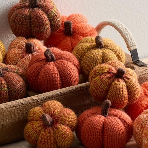 Image of Set of 12 Cozy Mini Knit Orange Pumpkins (Sunset Full Set) | Fall Gold Rust, Home Decor Accent, Tabletop Thanksgiving, Soft Autumn Decor