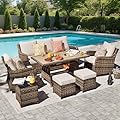 MEISSALIVVE 7 Pieces Patio Furniture Set with Swivel Chairs, Wicker Patio Conversation Set, Outdoor Patio Set with 2 Swivel Rocking Chair & Sofa, 2 Ottomans and Dining Table (Brown)