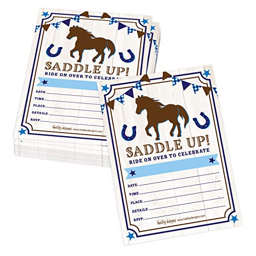 Image of Hadley Designs Kids Birthday Invitations For Boys Horse Theme - 25 Horse Birthday Party Invitations For Boys, Saddle Up Invites For Boy, Cute Pony Party Supplies, Made In USA