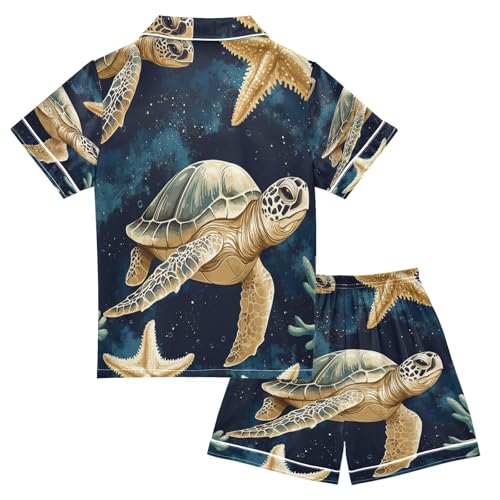 Satin Pajama Sets Short Sleeve Sea Turtle Starfish Pattern Button Down Silky Nightwear 2 Piece PJS 5-14Y2