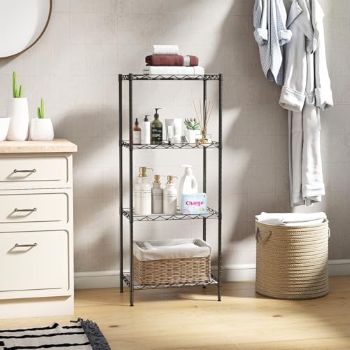 Image of BestOffice | 4-Tier Wire Storage Shelves | 12 inchD x 18 inchW x 44 inchH | Black | with Adjustable Racks PP Liners | Compact Metal Shelf, Holds Upto 600 lbs | Ideal for Kitchens Closets Bathrooms Small Corners