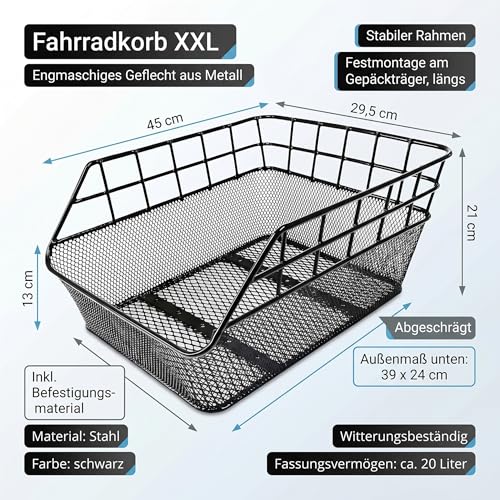 Fahrradkorb XXL Schultaschenkorb schwarz Einkaufskorb Gepäckträgerkorb 45x29,5x21 cm – Ansicht 2